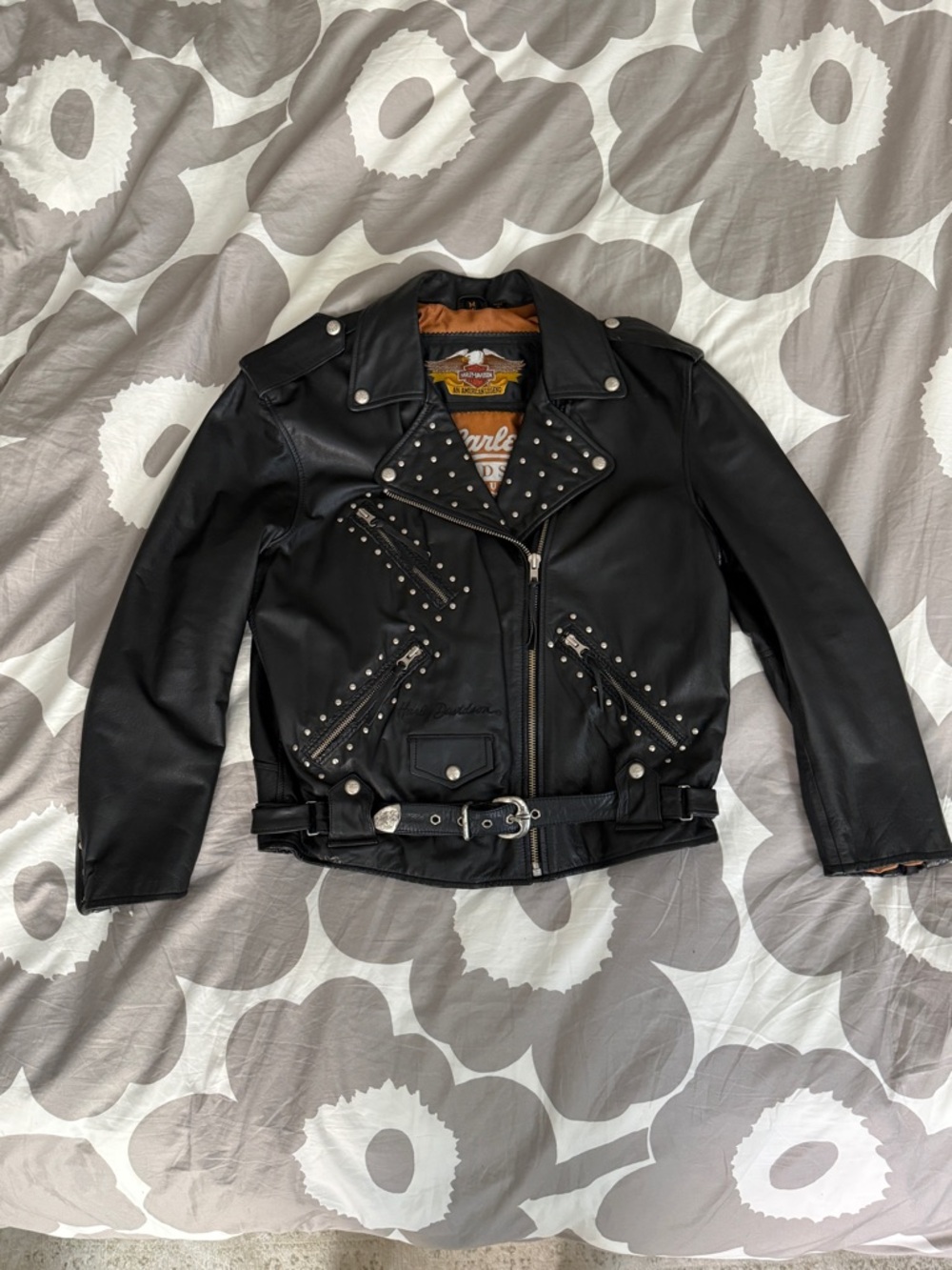 Harley Davidson women’s leather studded jacket with belt